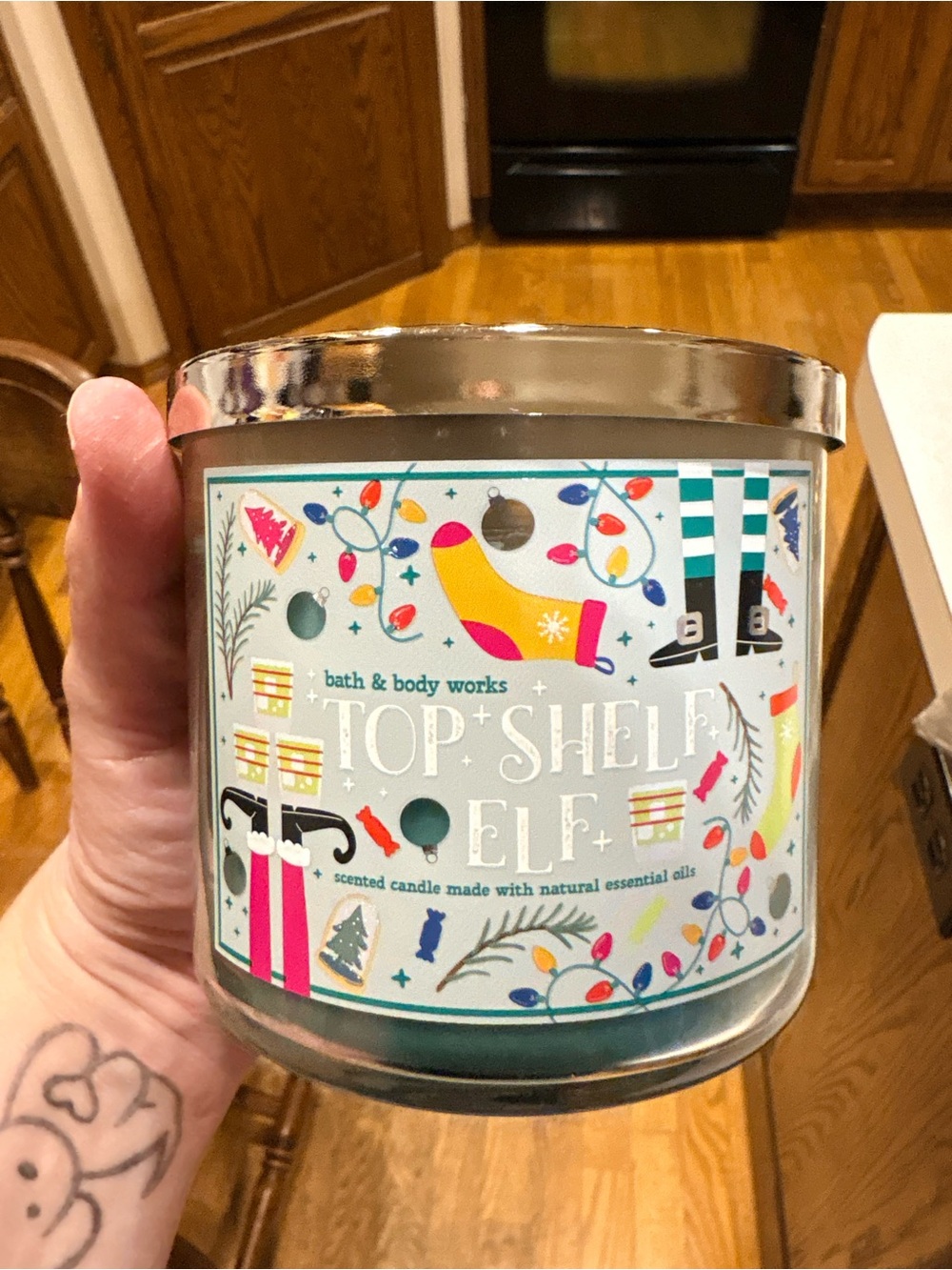 Bath & Body Works Top Shelf Elf Candle - Teal & Multicolor Label